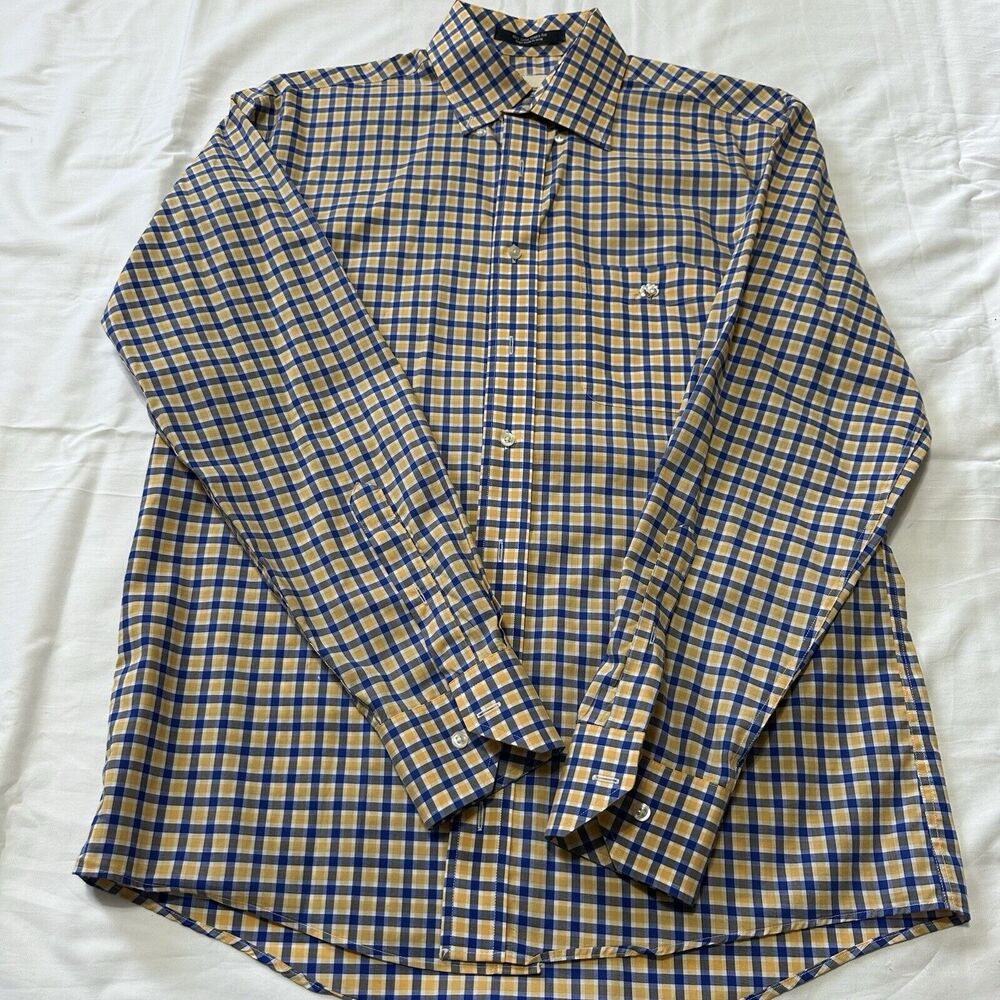 Cotton Brothers Dress Shirt Men Medium Blue Yellow Casual Business Office Travel